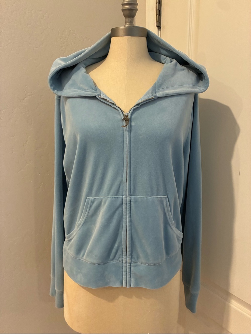 Juicy Couture Sky Blue Velour Zip-Up Hoodie with Back Rhinestone Logo Size 2X